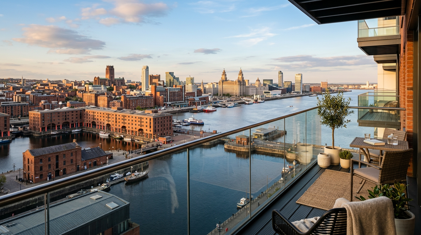 View from a contemporary apartment balcony overlooking a city skyline and docklands.