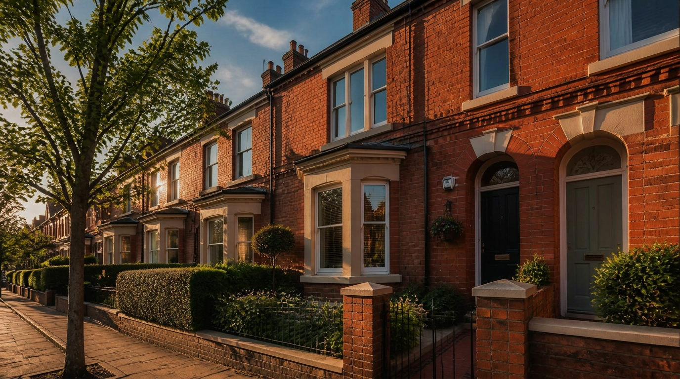 A well-maintained red-brick terraced home in Liverpool at golden hour