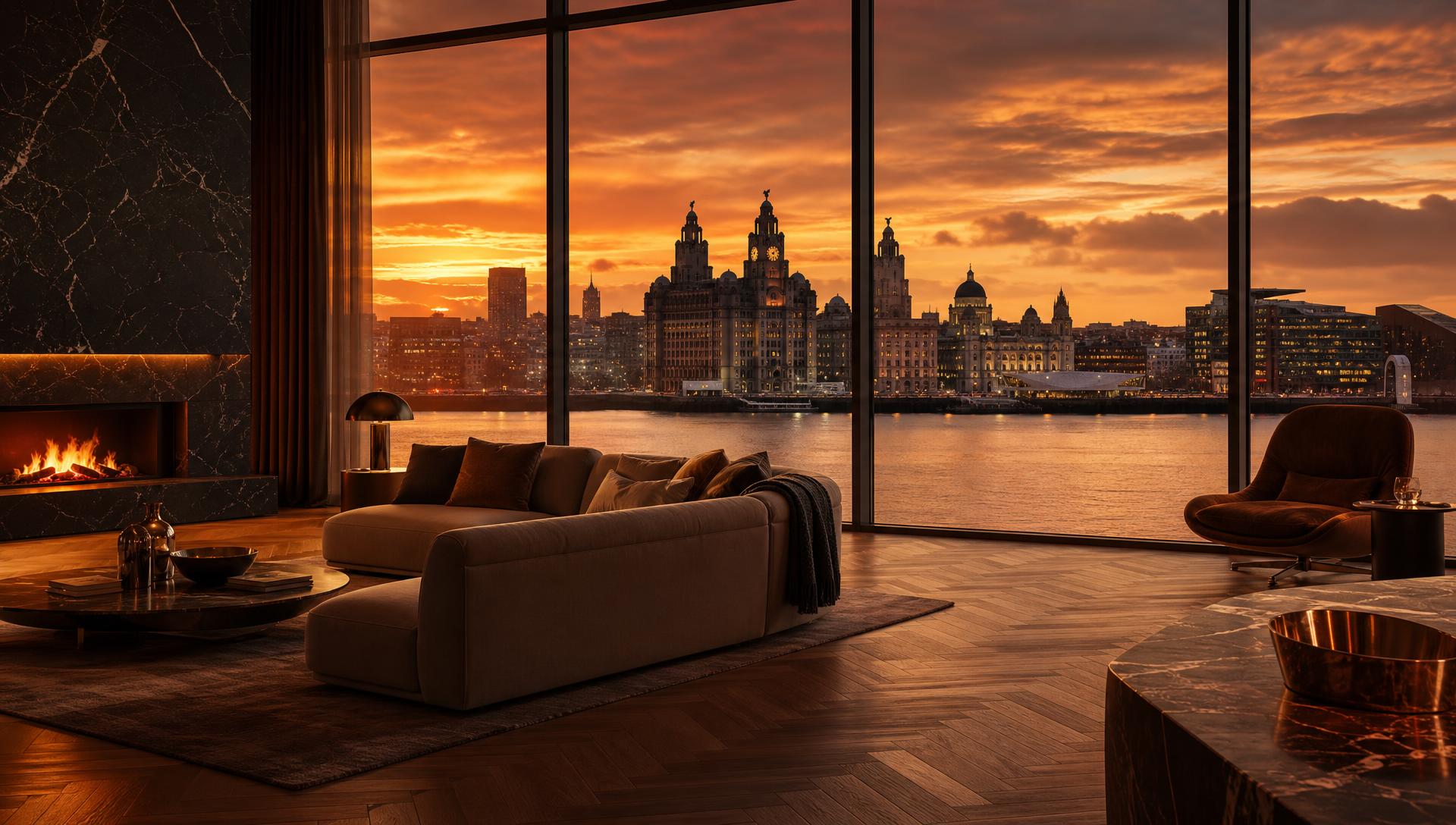 A modern Liverpool apartment living room looking out over the waterfront skyline at sunset